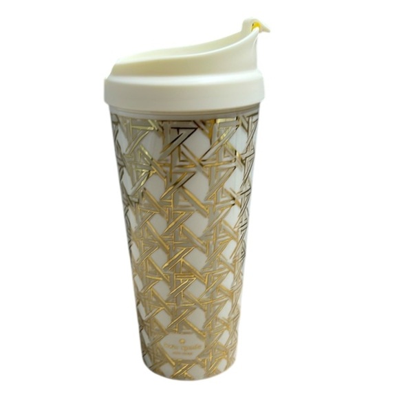 Kate Spade Thermal Travel Mug Gold Cream Basket Weave Pattern 16oz PBA Free - Picture 1 of 8
